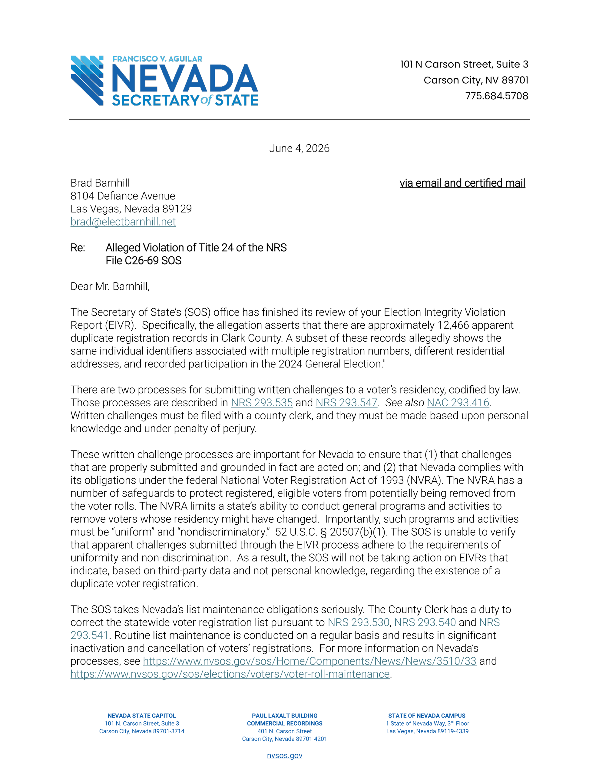 Nevada Secretary of State letter closing Brad Lee Barnhill's complaint about duplicate voter registrations, file C26-69