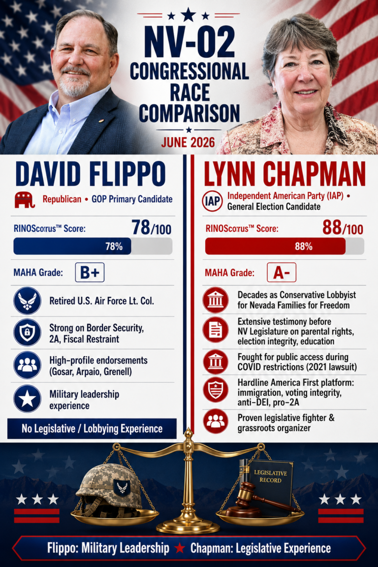 NV-02 congressional race comparison poster showing David Flippo (left) and Lynn Chapman (right), June 2026