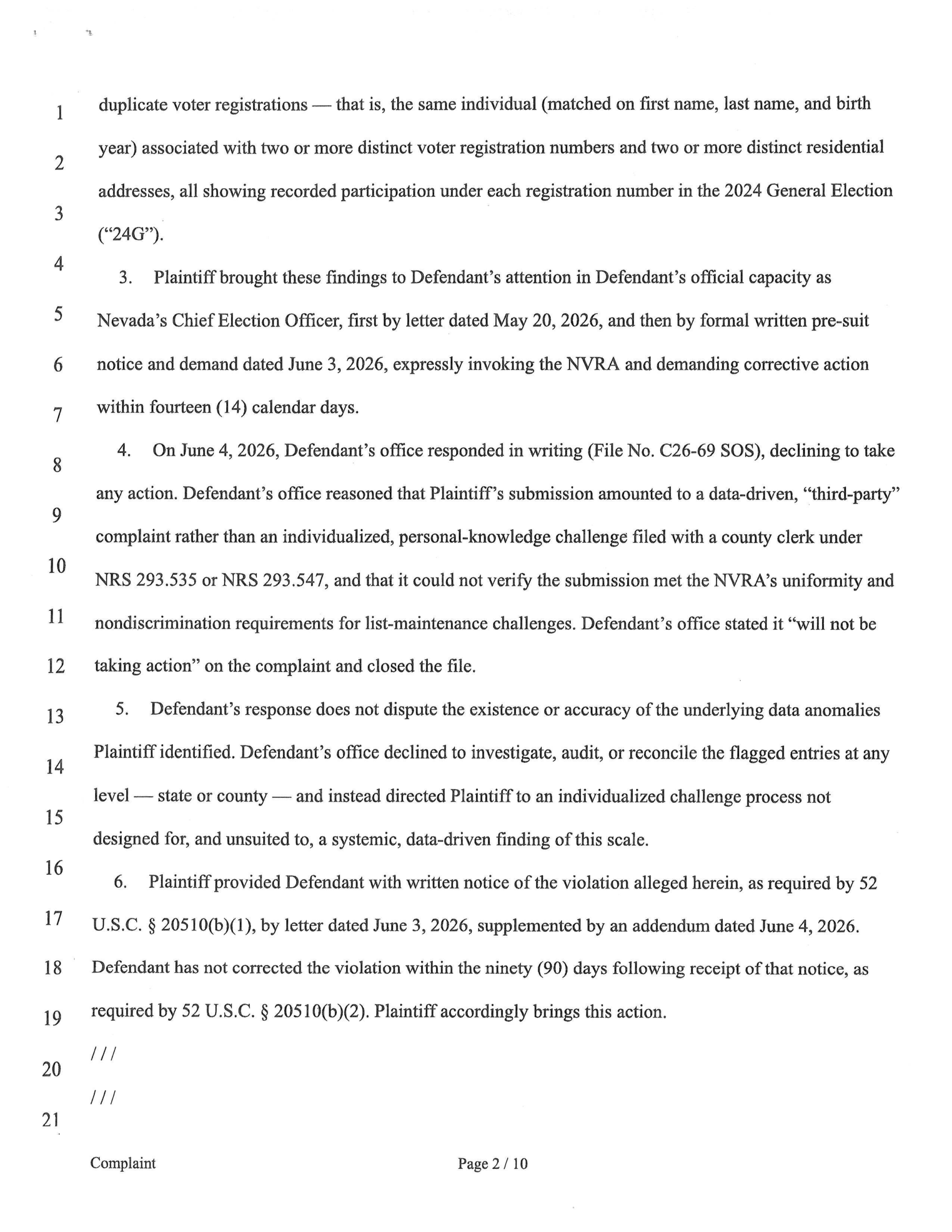 Excerpt from Barnhill v. Aguilar complaint alleging 12,465 duplicate Nevada voter registrations