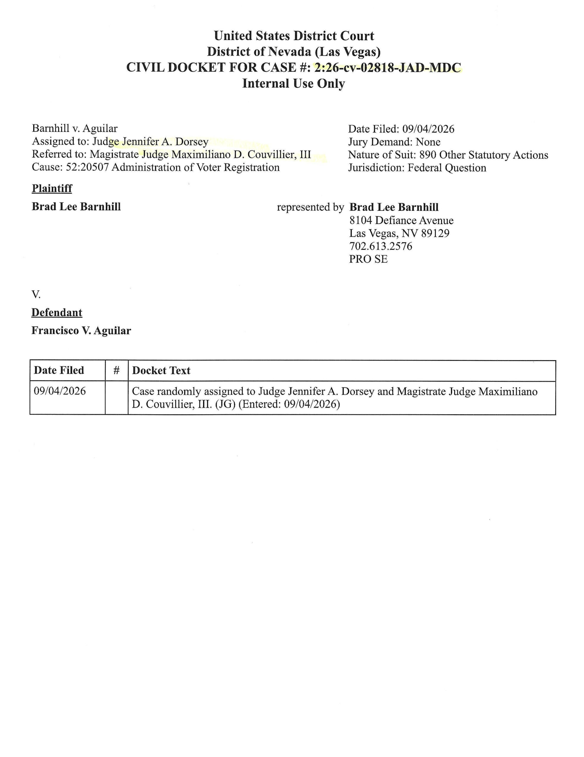 Federal court docket for Barnhill v. Aguilar, Case No. 2:26-cv-02818-JAD-MDC