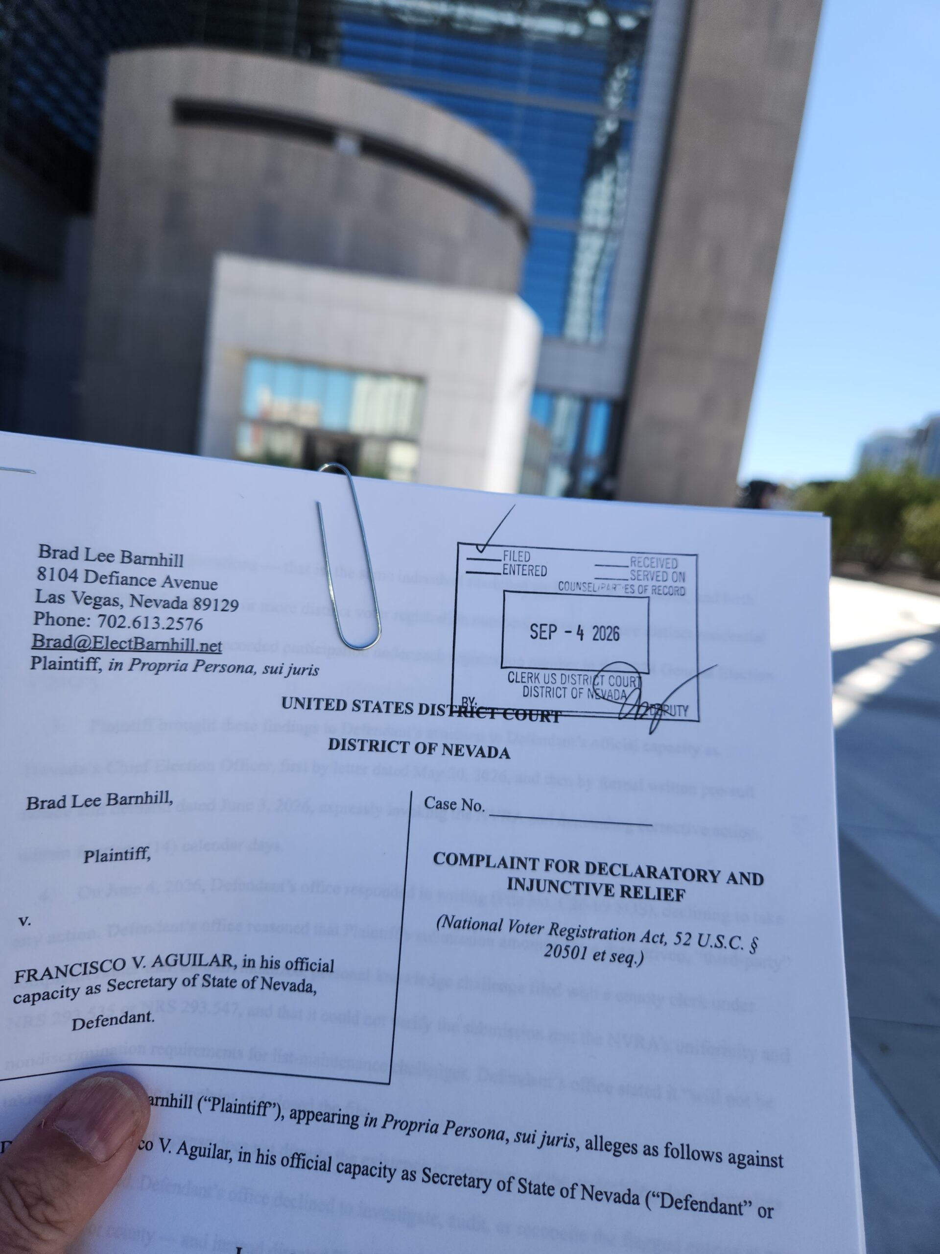 Brad Lee Barnhill filing federal lawsuit against Nevada Secretary of State Francisco Aguilar