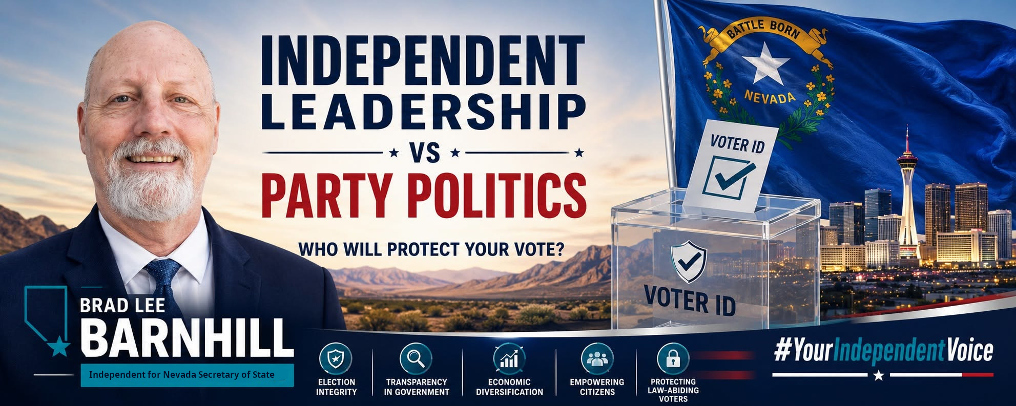 Brad Lee Barnhill, Independent candidate for Nevada Secretary of State, Voter ID ballot box, Nevada flag and Las Vegas skyline
