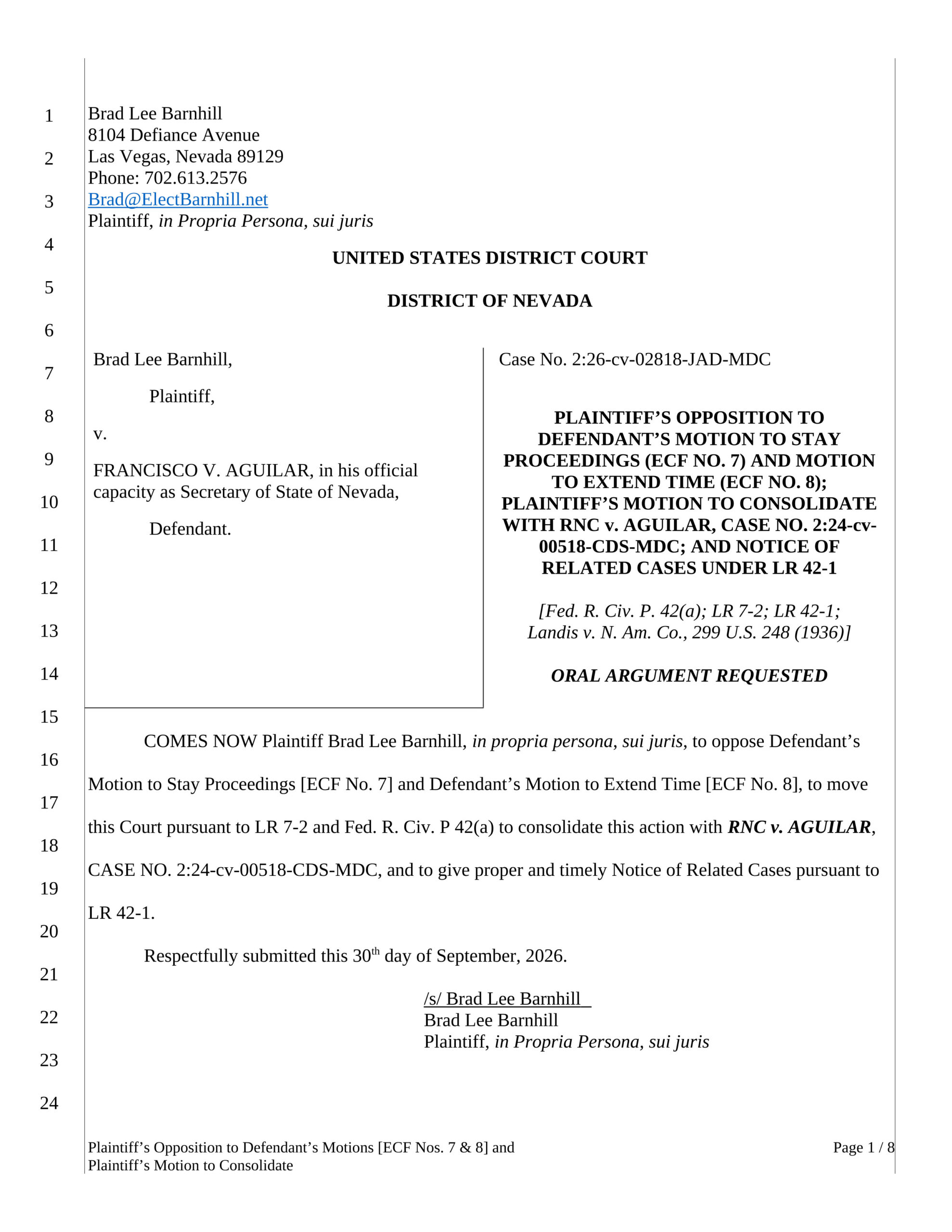 Page 1 of Barnhill's Opposition to Motion to Stay and Motion to Consolidate, Case No. 2:26-cv-02818-JAD-MDC