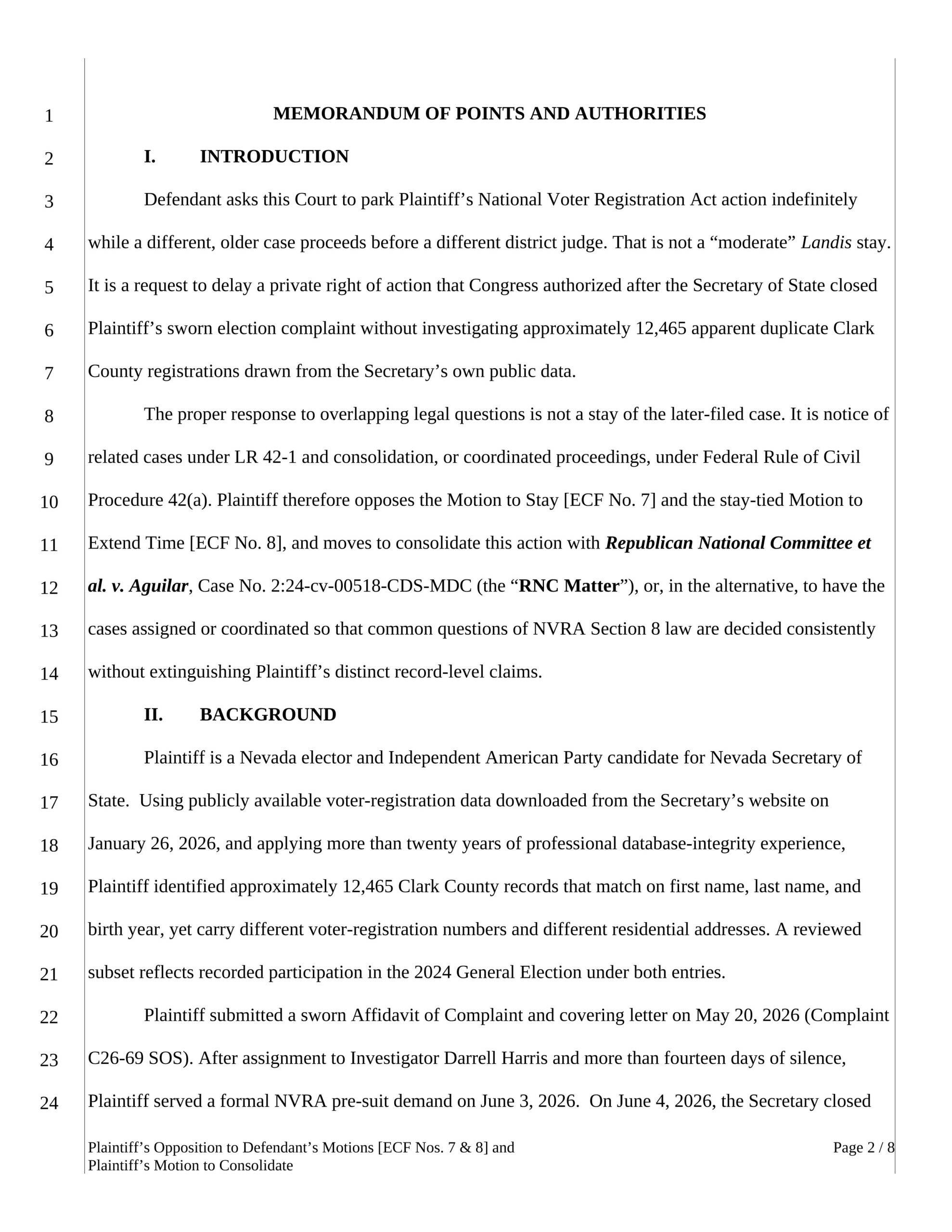 Page 2 of Barnhill's Opposition, describing the 12,465 apparent duplicate Clark County registrations and the SOS complaint history