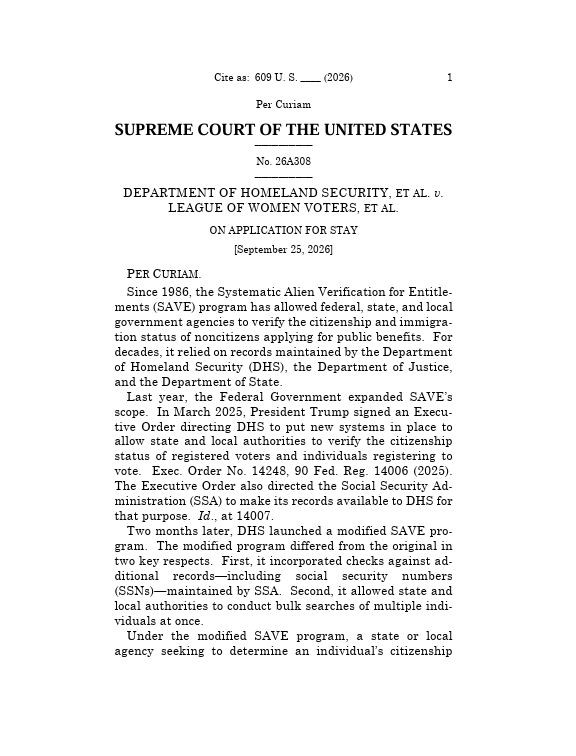 Supreme Court per curiam opinion, DHS v. League of Women Voters, No. 26A308
