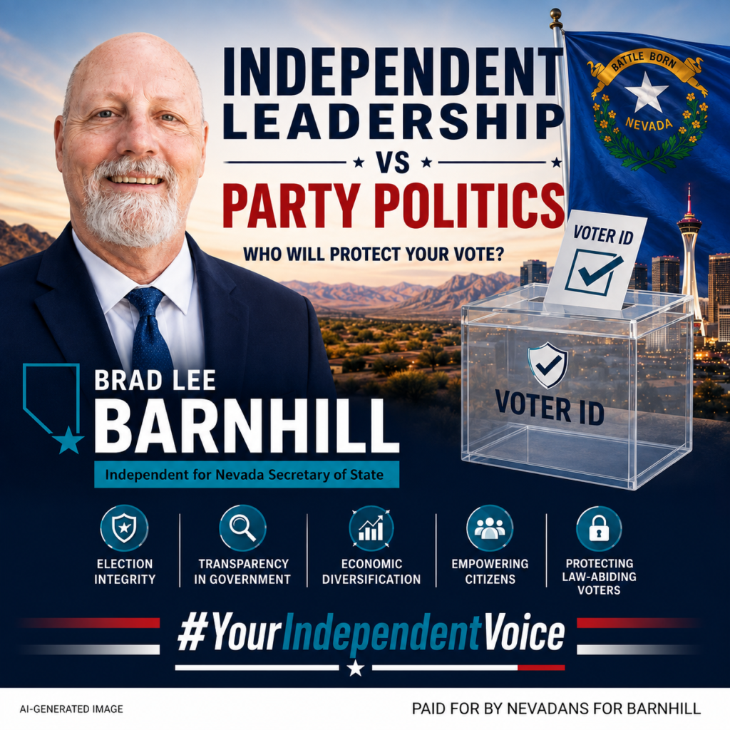 Brad Lee Barnhill, Independent candidate for Nevada Secretary of State, with a Voter ID ballot box and the Nevada state flag