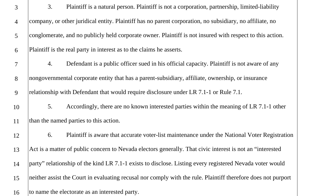 Paragraphs 3 through 6 of Plaintiff's Certificate of Interested Parties in Barnhill v. Aguilar, stating Plaintiff is a natural person with no corporate affiliates or insurer, and that accurate voter-list maintenance is a matter of public concern to Nevada electors
