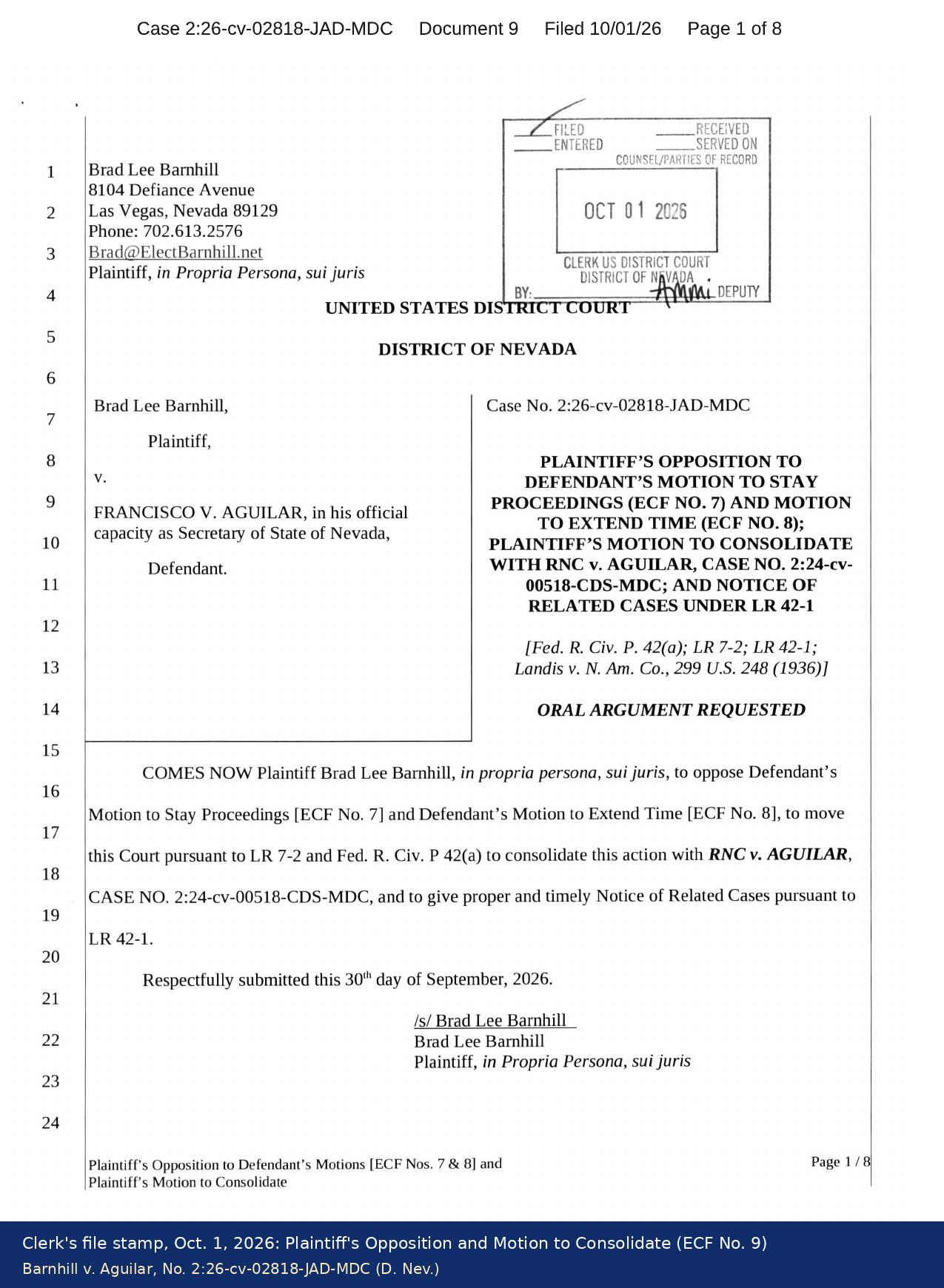 First page of Plaintiff's Opposition and Motion to Consolidate in Barnhill v. Aguilar (ECF No. 9), bearing the U.S. District Court clerk's file stamp dated October 1, 2026