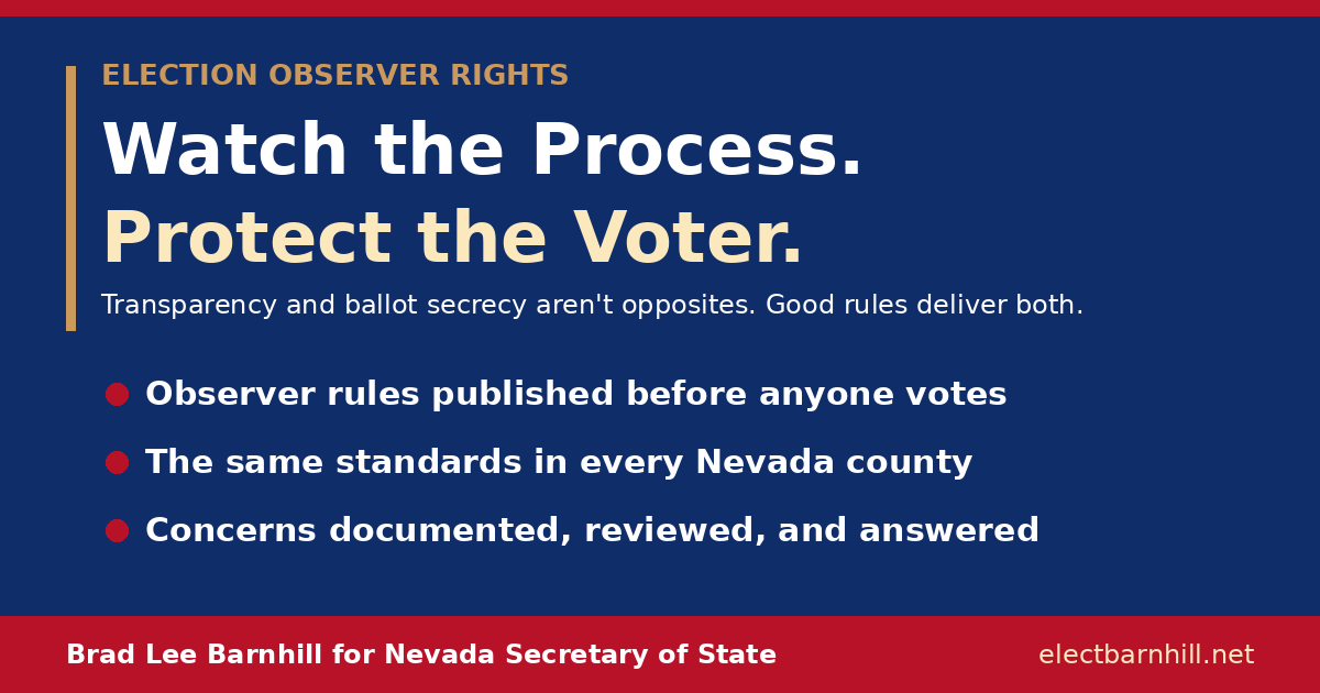 Election observer rights: watch the process, protect the voter. Observer rules published before anyone votes, the same standards in every Nevada county, and concerns documented, reviewed, and answered. Brad Lee Barnhill for Nevada Secretary of State.