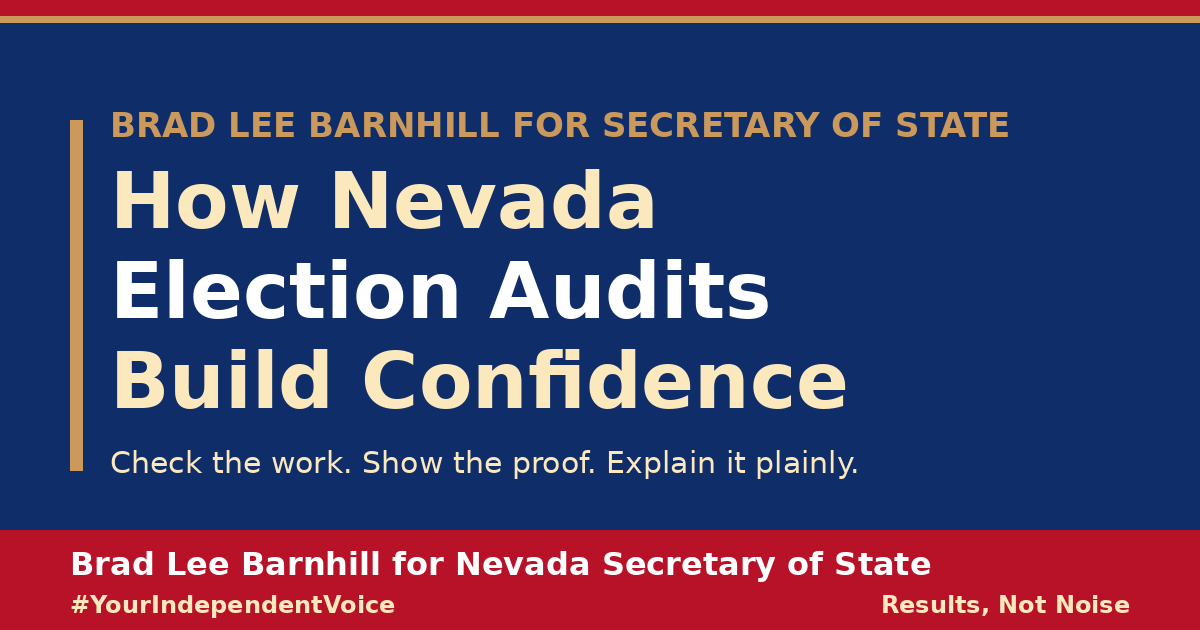 Campaign graphic reading How Nevada Election Audits Build Confidence: check the work, show the proof, explain it plainly, from Brad Lee Barnhill for Nevada Secretary of State