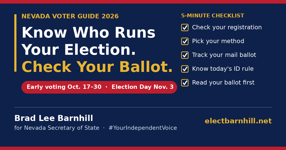 Nevada Voter Guide 2026: Know who runs your election. Check your ballot. Early voting Oct. 17–30, Election Day Nov. 3. Five-minute checklist: check your registration, pick your method, track your mail ballot, know today's ID rule, read your ballot first. Brad Lee Barnhill for Nevada Secretary of State.