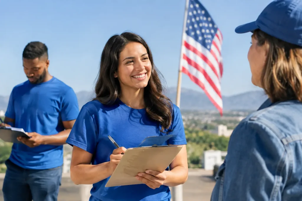 Campaign volunteer with a clipboard talking with a woman in an American flag baseball cap while a second volunteer with a clipboard stands in the background